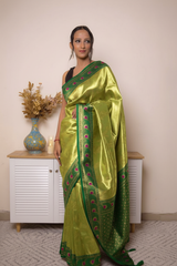 Gold-Purple Paithani Silk Saree with Maroon Border — Change-the-fabric-color-of-saree-to-light-green-and-all-red-color-of-fabric-to-bottle-green-Change-the-blue-of-motif-to-pink-Don-t-halucinate-motifs - 2