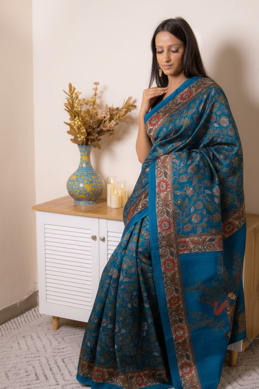 Elegant Madhubani Tussar Silk Saree — peacock blue - 2