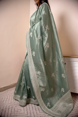 Fuchsia Chikankari with Zari Buta Border — #4E6965 - 2