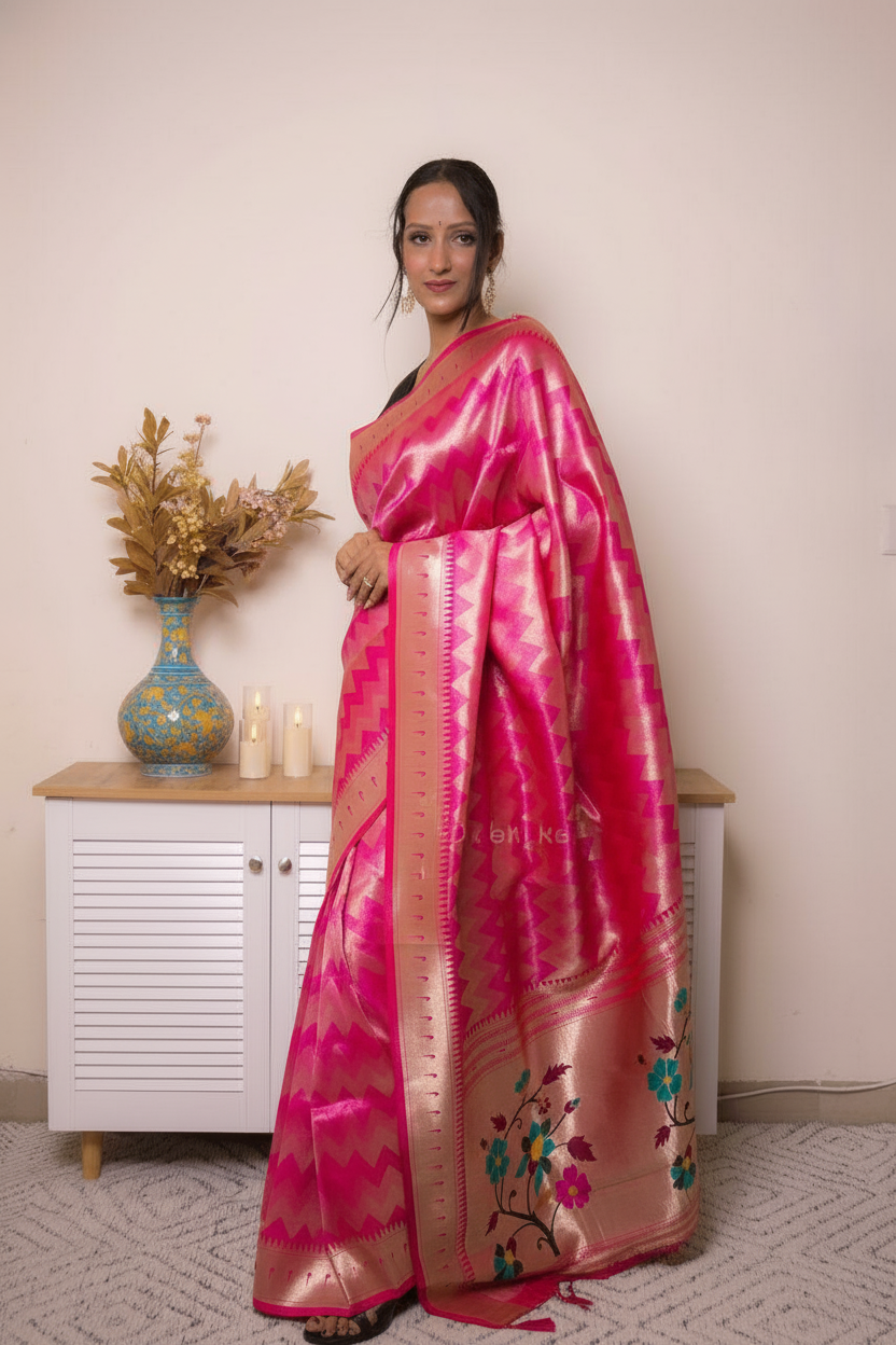 Fuchsia Paithani Silk Saree with Gold Zari & Floral Pallu — rich_pink - 2