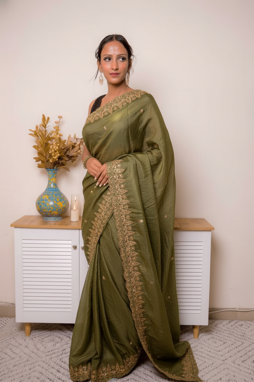 Pink-Copper Crush Tissue Silk Saree with Embroidered Border — olive_green - 2