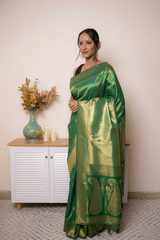 Teal-Gold Paithani Silk Saree with Zari Brocade — green - 2