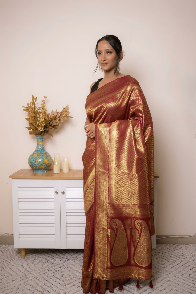 Woman in a traditional saree standing in a room with a white cabinet and decorative items.
