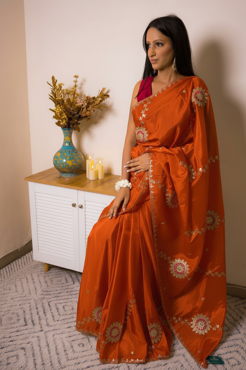 Elegant Satin Saree with Pita work — flame - 2