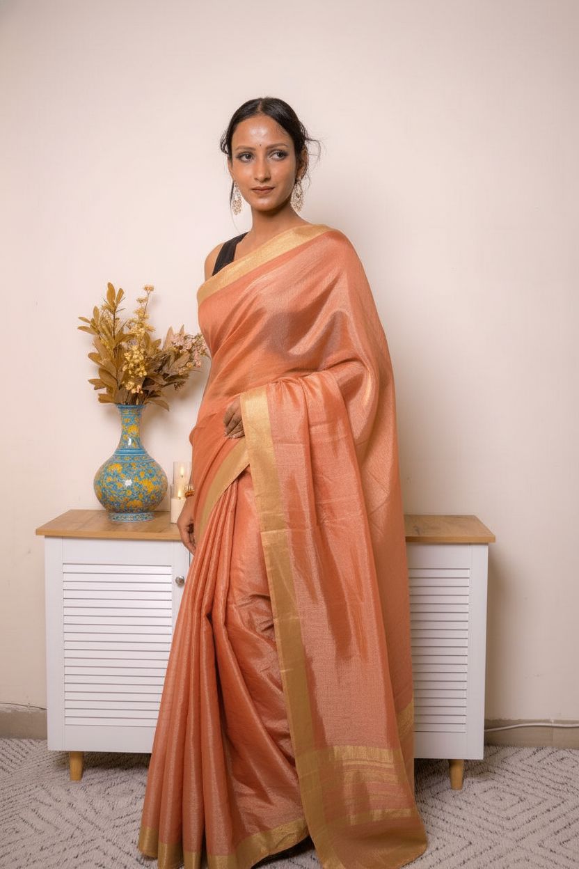 Deep Peach Crush Tissue Silk Saree Gold Paisley Border (VS-YKS775) - 2