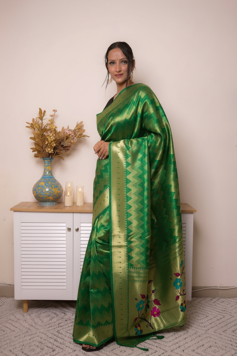 Fuchsia Paithani Silk Saree with Gold Zari & Floral Pallu — green - 2