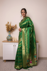 Fuchsia Paithani Silk Saree with Gold Zari & Floral Pallu — green - 2