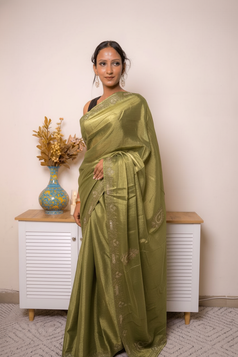 Desaturated Green Tissue Silk Saree With Gold Paisley Border (VS-YKS775) - 2