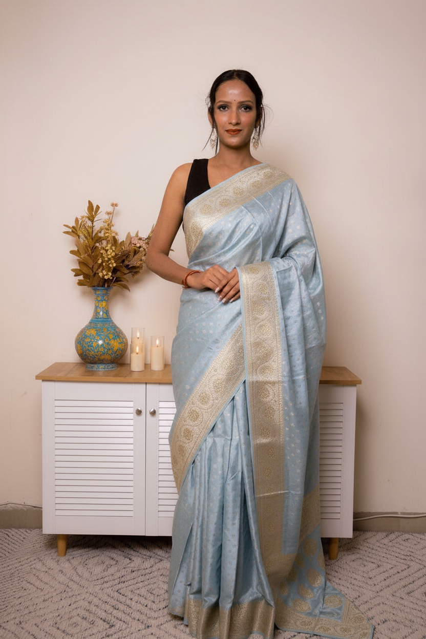 Peach Banarasi Silk Saree with Gold Zari Border, all over Buti with swarovski — powder_blue - 2