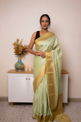 Peach Banarasi Silk Saree with Gold Zari Border, all over Buti with swarovski — pistachio_green - 2