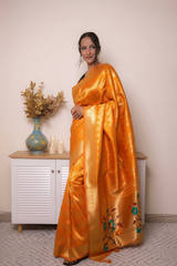 Fuchsia Paithani Silk Saree with Gold Zari & Floral Pallu — orange - 2