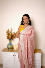 Lucknawi Chikankari Tissue Silk Saree in Radiant Yellow — dusty-rose-pink - 2