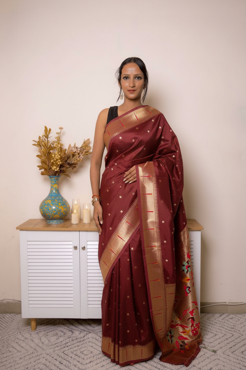 Sage Green Paithani Silk Saree with Gold Zari Pallu — maroon - 2