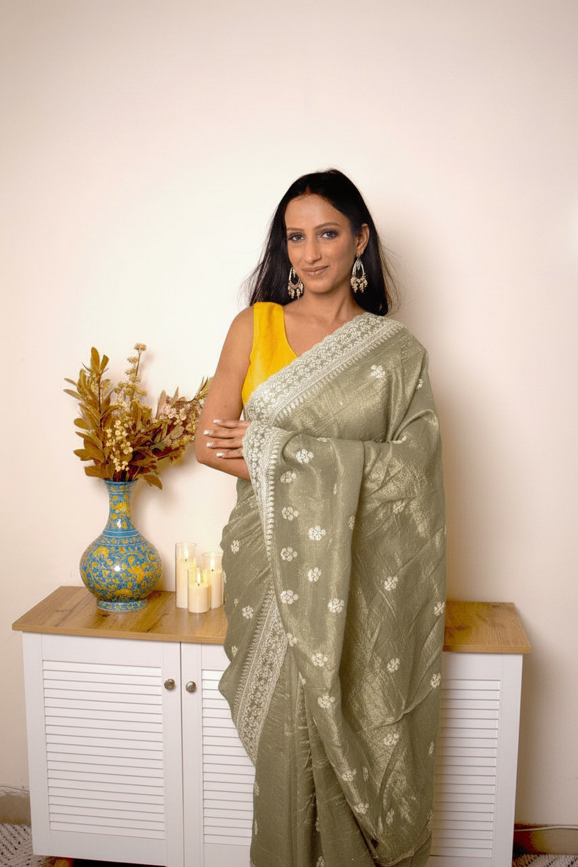 Lucknawi Chikankari Tissue Silk Saree in Radiant Yellow — muted-olive-gray-tone - 2