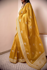 Fuchsia Chikankari with Zari Buta Border — mustard-yellow - 2