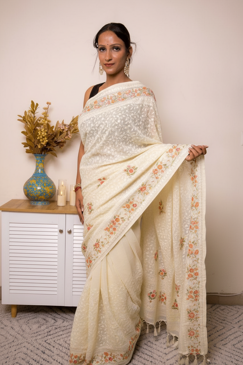 Lilac Lucknawi Chikankari Georgette Saree — ivory - 3