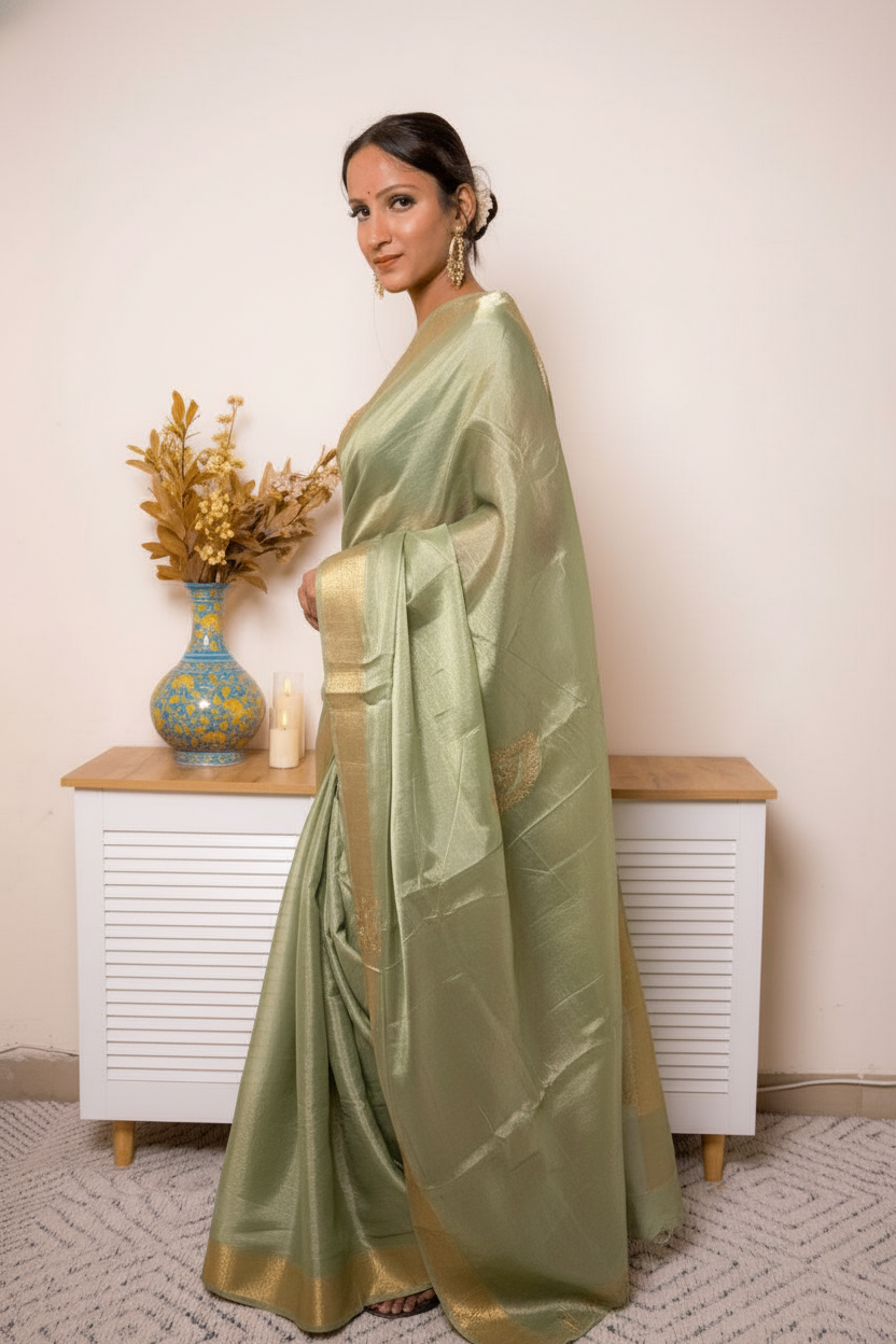 Desaturated Green Tissue Silk Saree With Gold Paisley Border (VS-YKS775) - 3