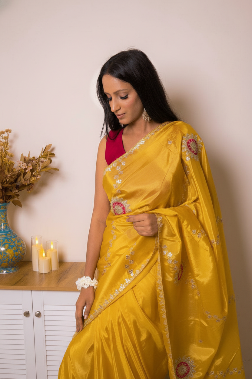 Elegant Satin Saree with Pita work — henna - 3