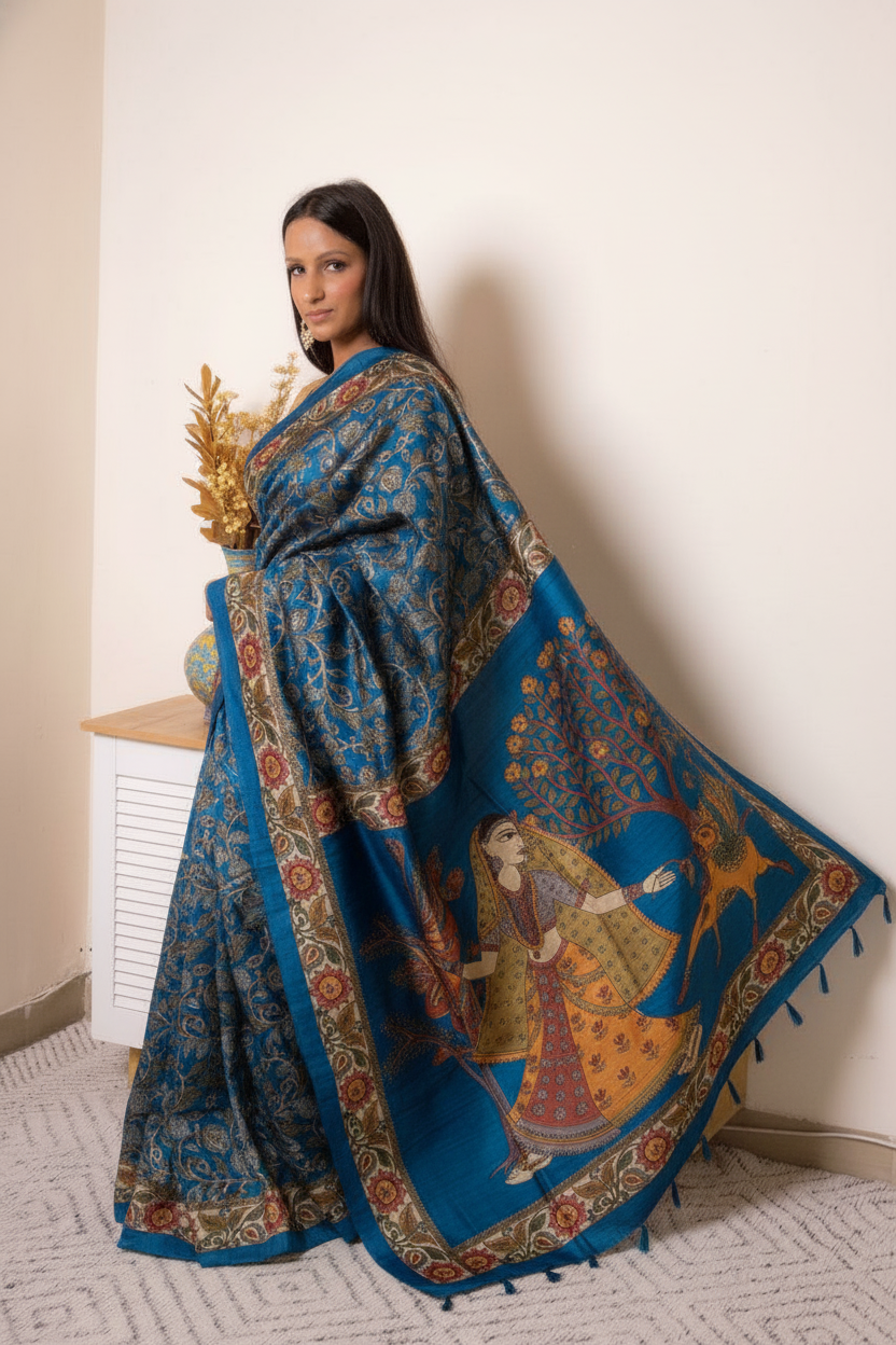 Elegant Madhubani Tussar Silk Saree — peacock blue - 3