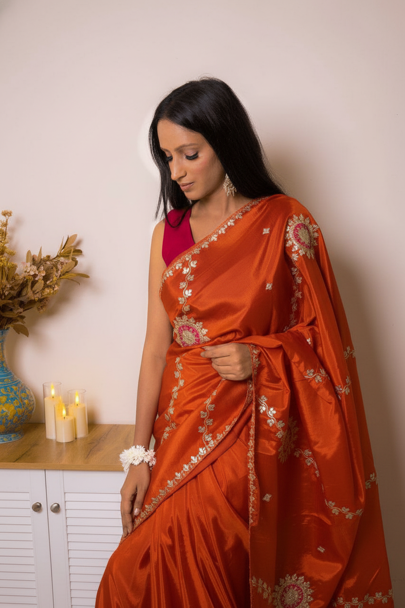 Elegant Satin Saree with Pita work — flame - 3