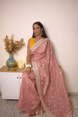 Lucknawi Chikankari Tissue Silk Saree in Radiant Yellow — dusty-rose-pink - 3