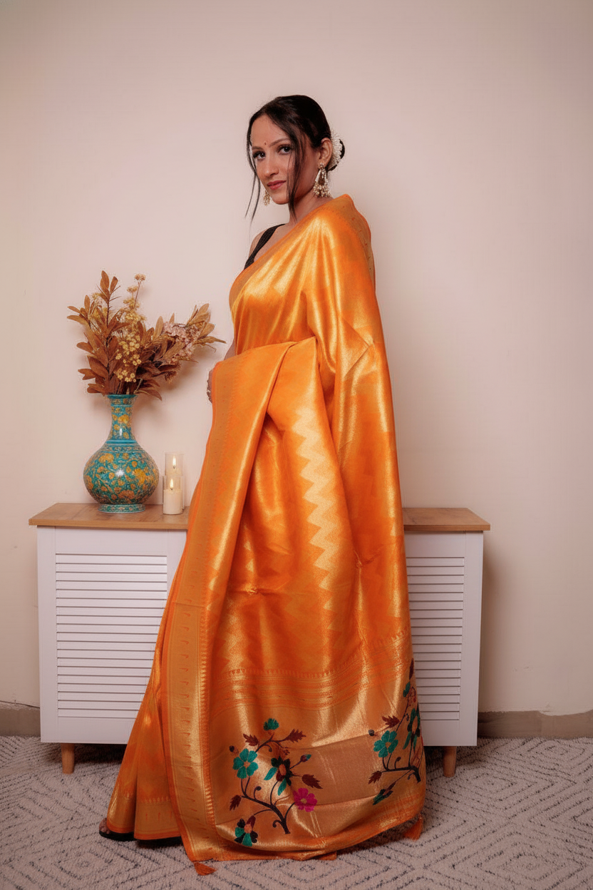 Fuchsia Paithani Silk Saree with Gold Zari & Floral Pallu — orange - 3