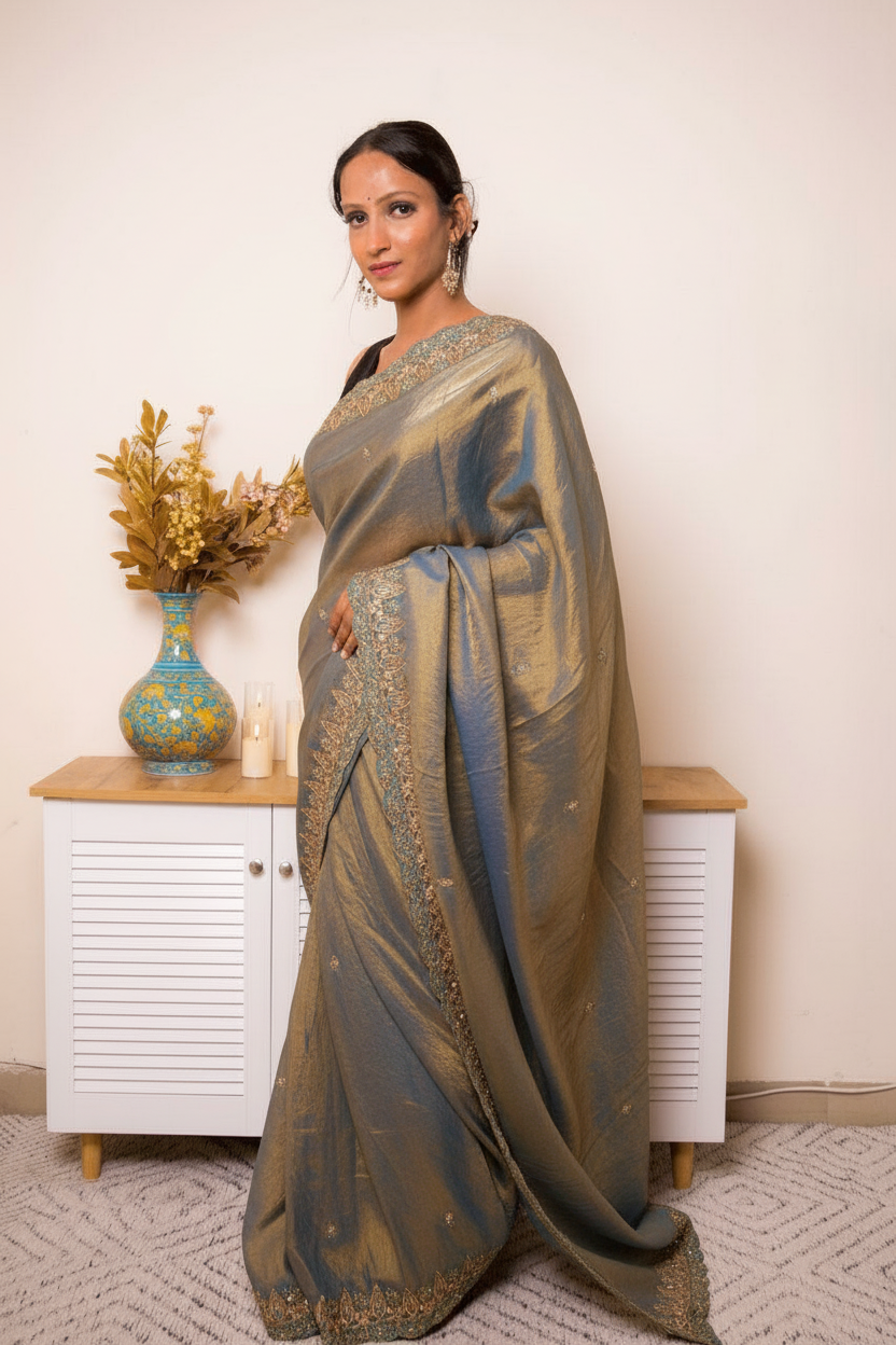 Pink-Copper Crush Tissue Silk Saree with Embroidered Border — blue_gold - 3
