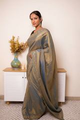 Pink-Copper Crush Tissue Silk Saree with Embroidered Border — blue_gold - 3