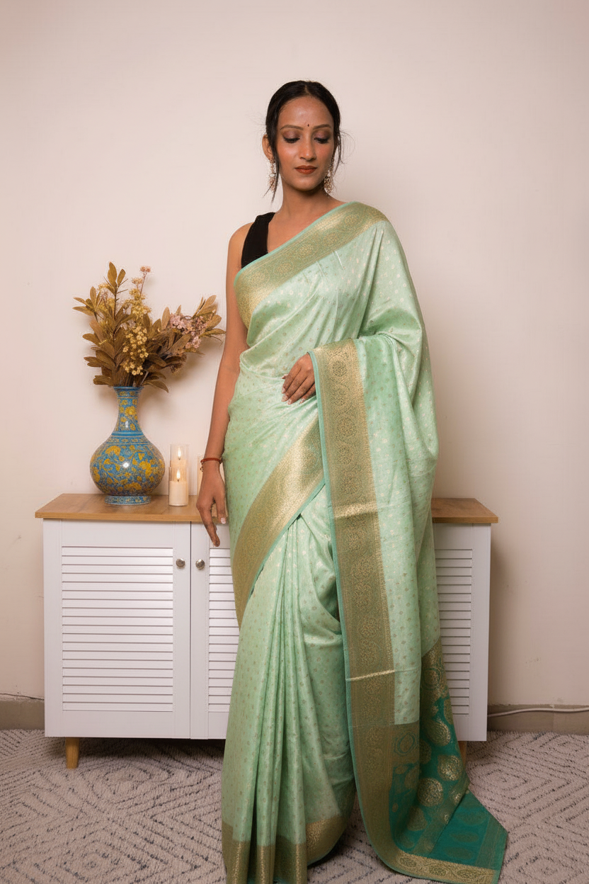 Peach Banarasi Silk Saree with Gold Zari Border, all over Buti with swarovski — pistachio_green - 3