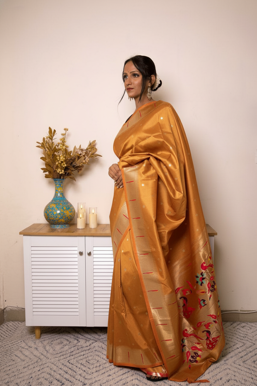 Sage Green Paithani Silk Saree with Gold Zari Pallu — mustard_yellow - 3