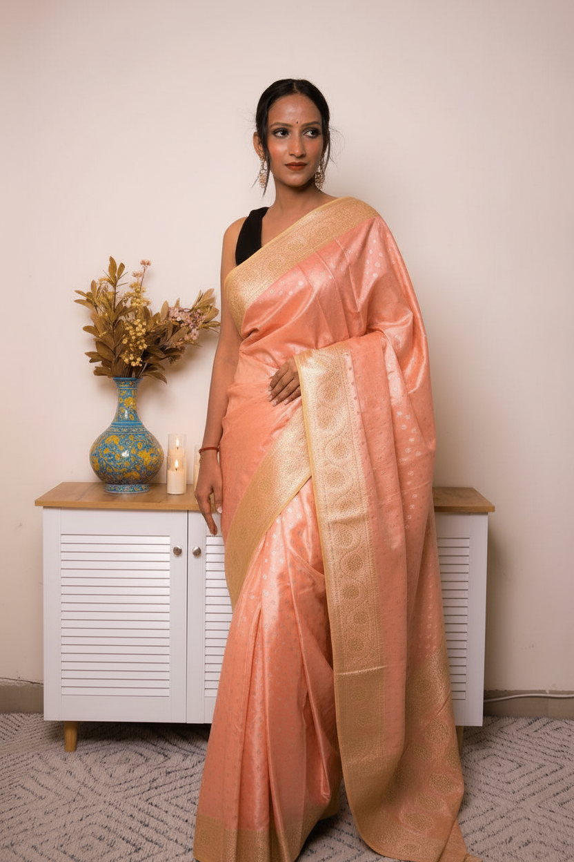 Peach Banarasi Silk Saree with Gold Zari Border, all over Buti with swarovski — coral_pink - 3