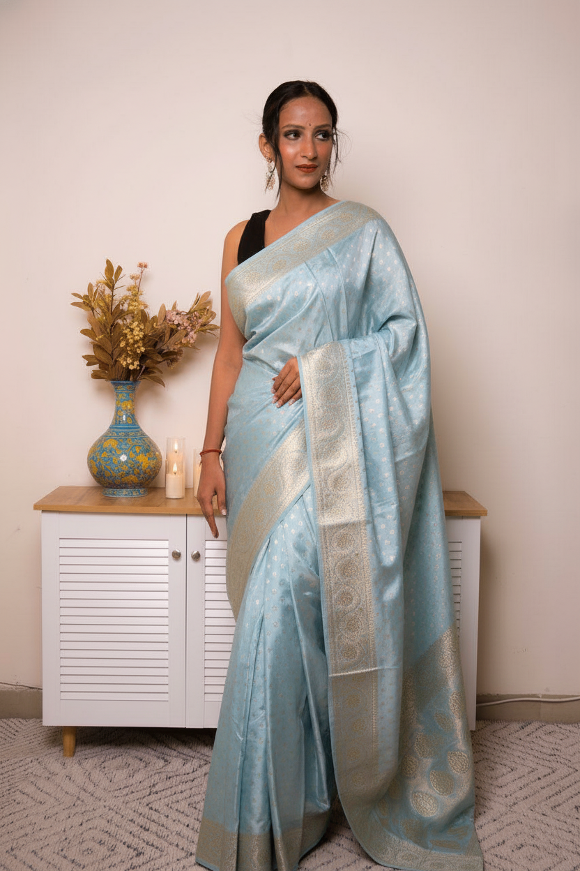 Peach Banarasi Silk Saree with Gold Zari Border, all over Buti with swarovski — powder_blue - 3