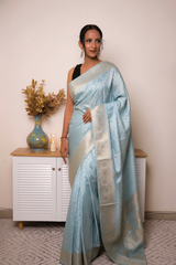 Peach Banarasi Silk Saree with Gold Zari Border, all over Buti with swarovski — powder_blue - 3