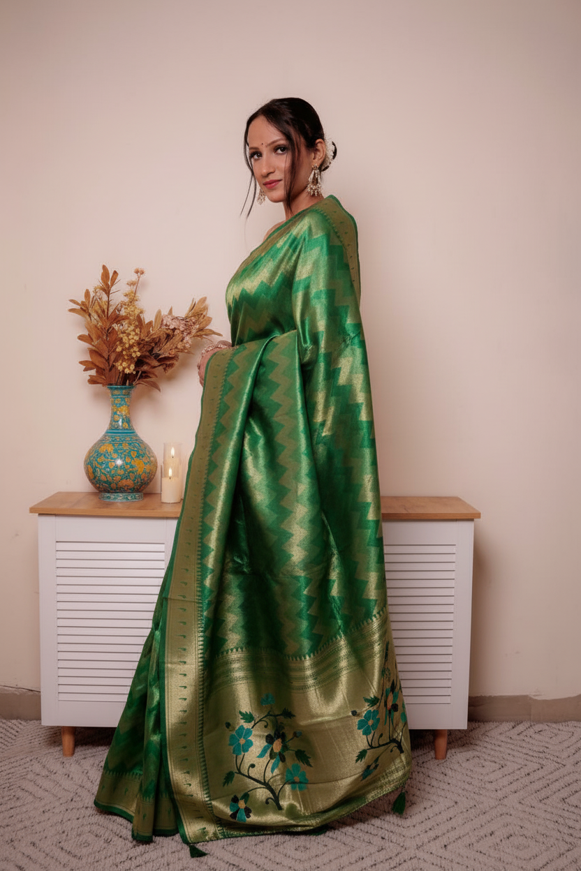 Fuchsia Paithani Silk Saree with Gold Zari & Floral Pallu — green - 3