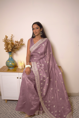 Lucknawi Chikankari Tissue Silk Saree in Radiant Yellow — Plum-lilac - 3