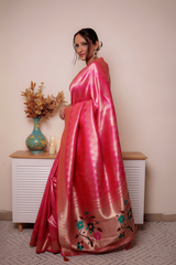Fuchsia Paithani Silk Saree with Gold Zari & Floral Pallu — rich_pink - 3