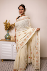 Lilac Lucknawi Chikankari Georgette Saree — ivory - 3