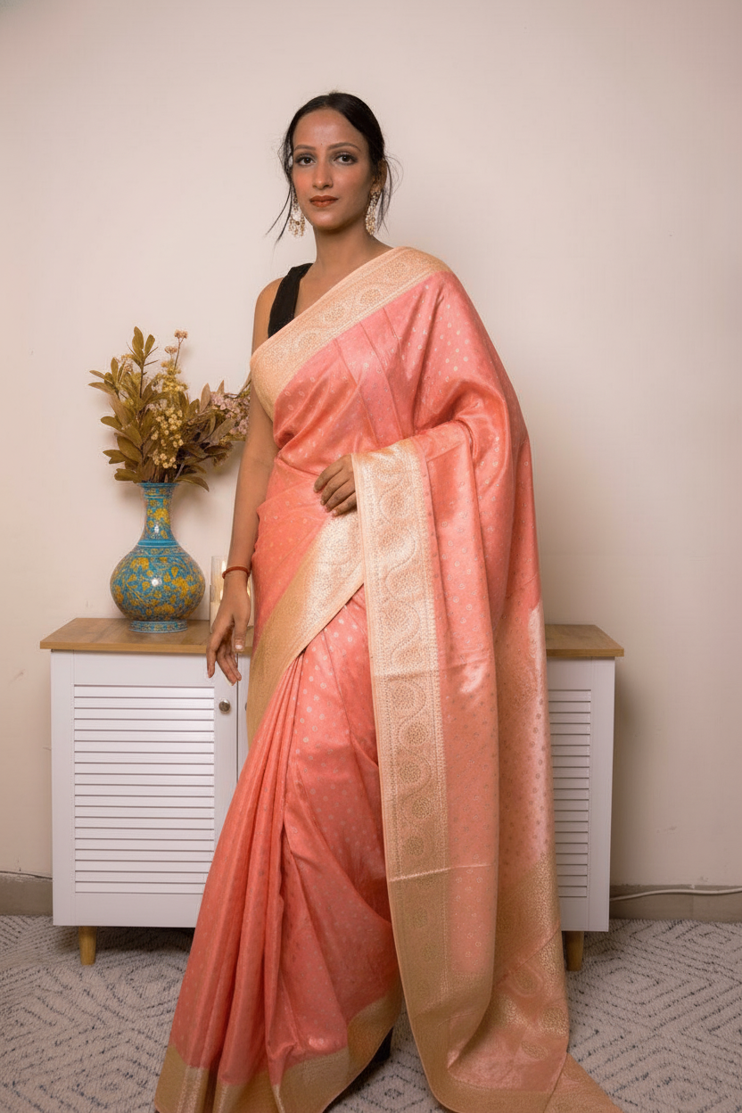 Peach Banarasi Silk Saree with Gold Zari Border, all over Buti with swarovski — coral_pink - 4