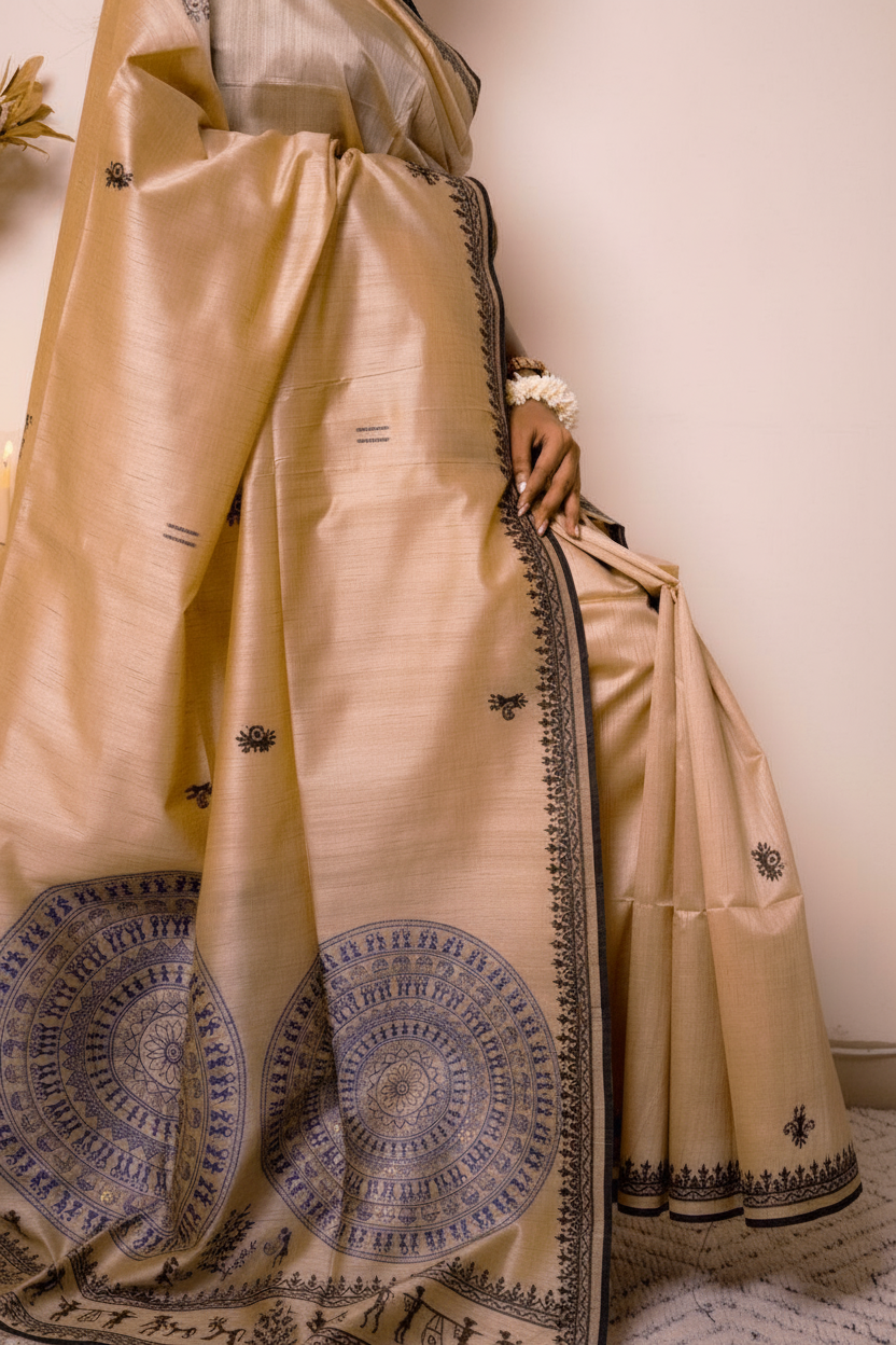 Elegant Worli Art Tussar Silk Saree — black - 4