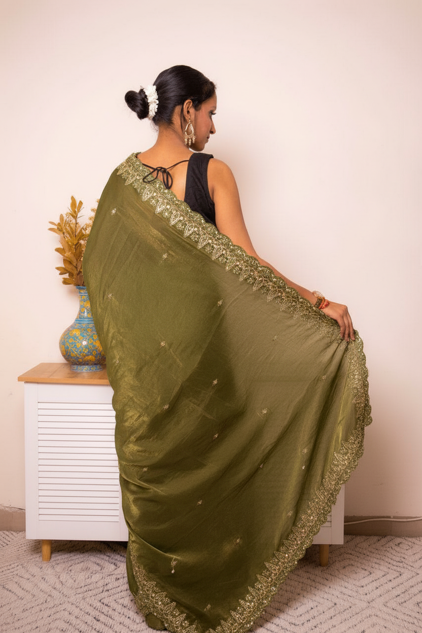 Pink-Copper Crush Tissue Silk Saree with Embroidered Border — olive_green - 4