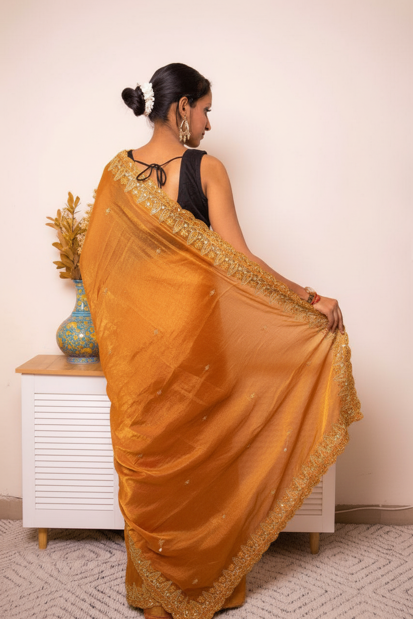 Pink-Copper Crush Tissue Silk Saree with Embroidered Border — burnt_orange - 4