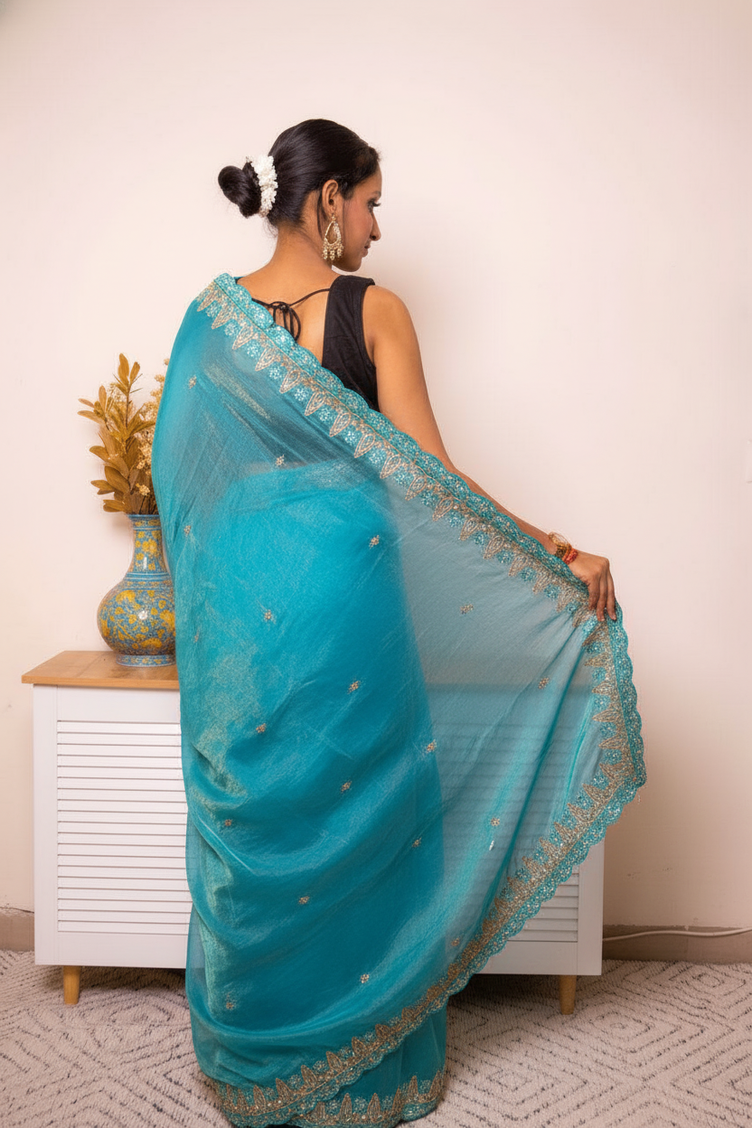 Pink-Copper Crush Tissue Silk Saree with Embroidered Border — blue - 4