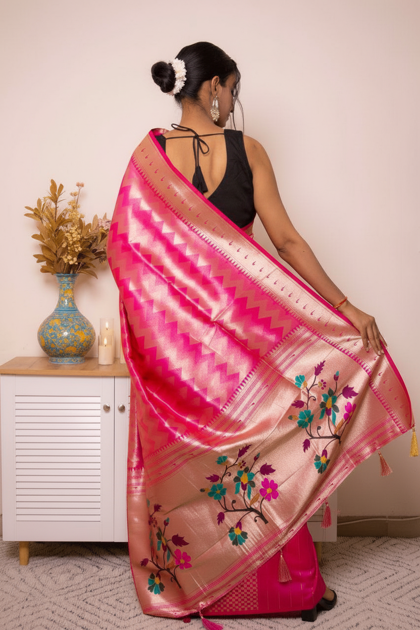 Fuchsia Paithani Silk Saree with Gold Zari & Floral Pallu — rich_pink - 4