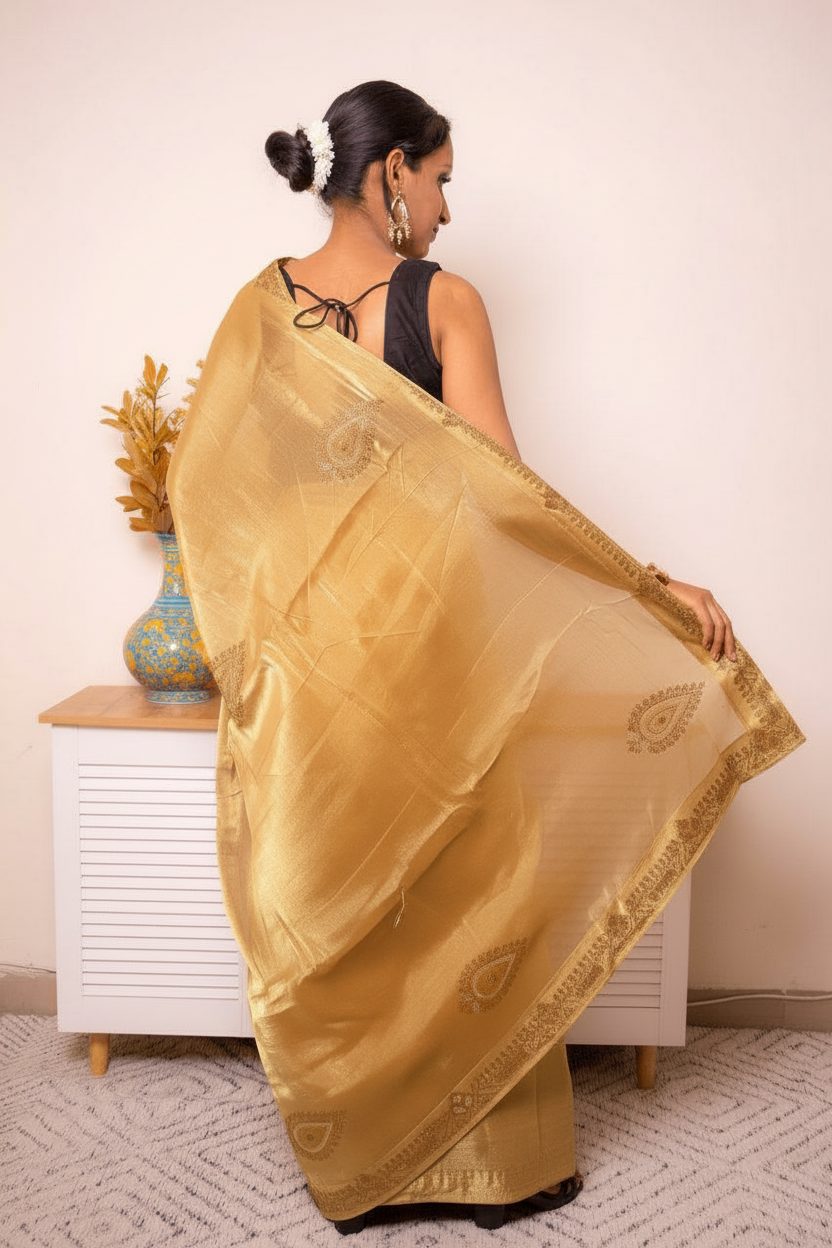 Orange Crush Tissue Silk Saree with Gold Paisley Border — golden_beige (VS-YKS775) - 4