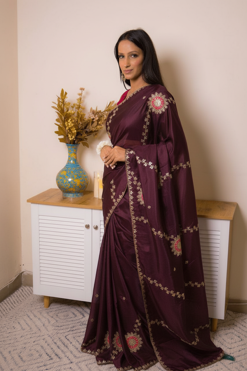 Elegant Satin Saree with Pita work — deep_purple - 4