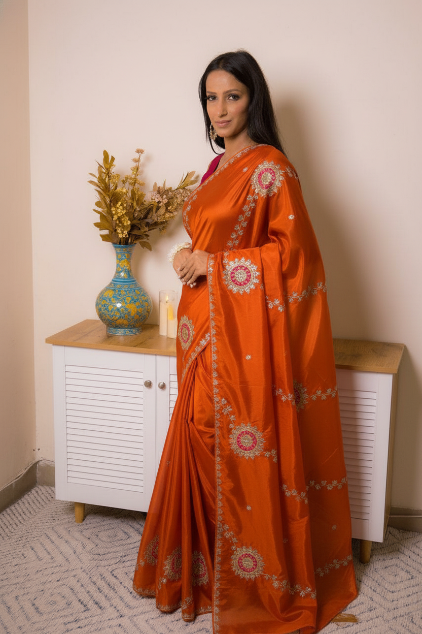 Elegant Satin Saree with Pita work — flame - 4