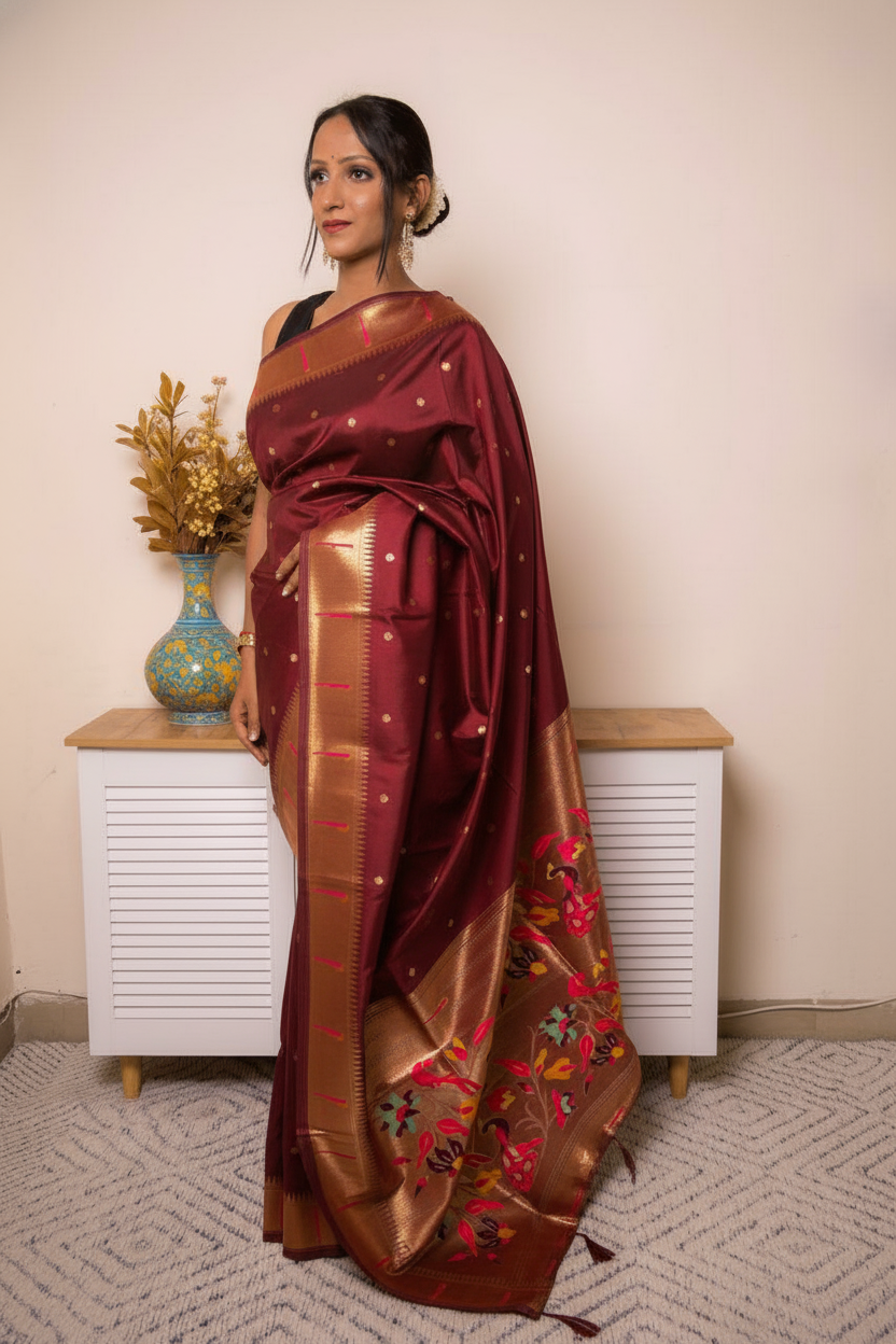 Sage Green Paithani Silk Saree with Gold Zari Pallu — maroon - 4