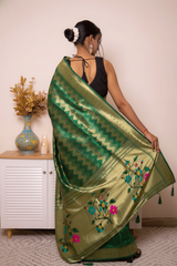 Fuchsia Paithani Silk Saree with Gold Zari & Floral Pallu — green - 4