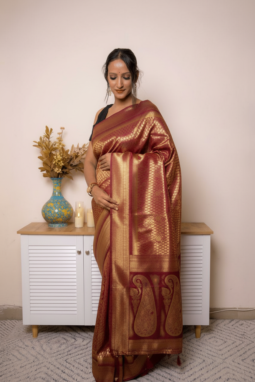 Woman wearing a traditional saree in a room with a vase and candles on a cabinet.