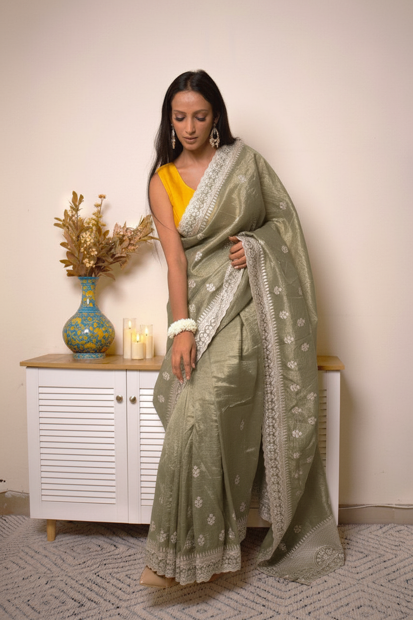 Lucknawi Chikankari Tissue Silk Saree in Radiant Yellow — muted-olive-gray-tone - 4